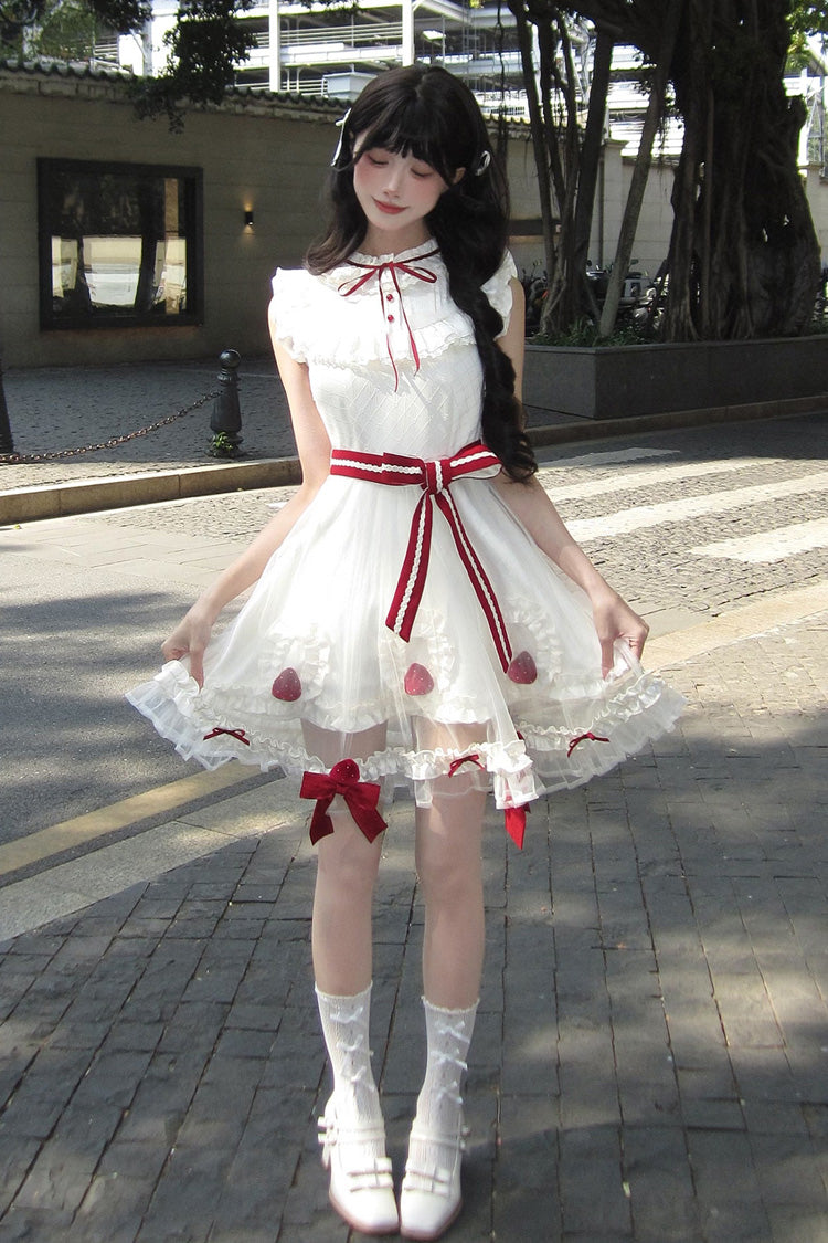 Ivory [Strawberry Mousse Cake] Stand Collar Sleeveless Mesh Ruffled Bow Lace Sweet Lolita Dress - Product - 2