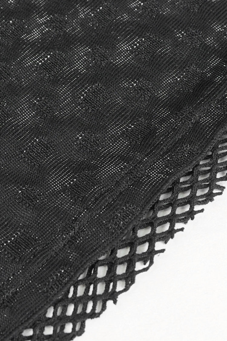 Black Short Sleeve High Collar Mesh Stitching Diamond Mesh Women's Punk T-Shirt - Product - 6
