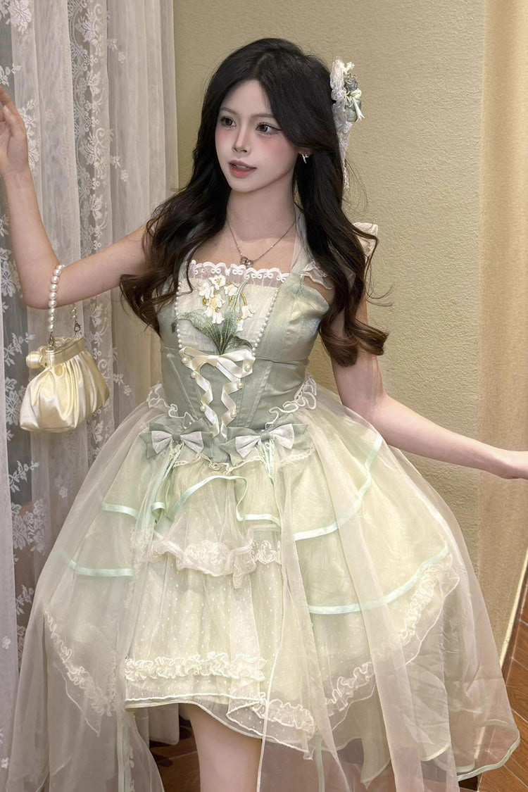 Green [Lily of the Valley Summer] Polka Dot Print Ruffle Bowknot Lace-Up Sweet Princess Lolita Jsk Dress - Product - 6