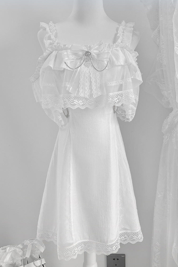 White [Pear Moon] Ruffle Bowknot Lace Jirai Kei Japanese Dress - White - 1