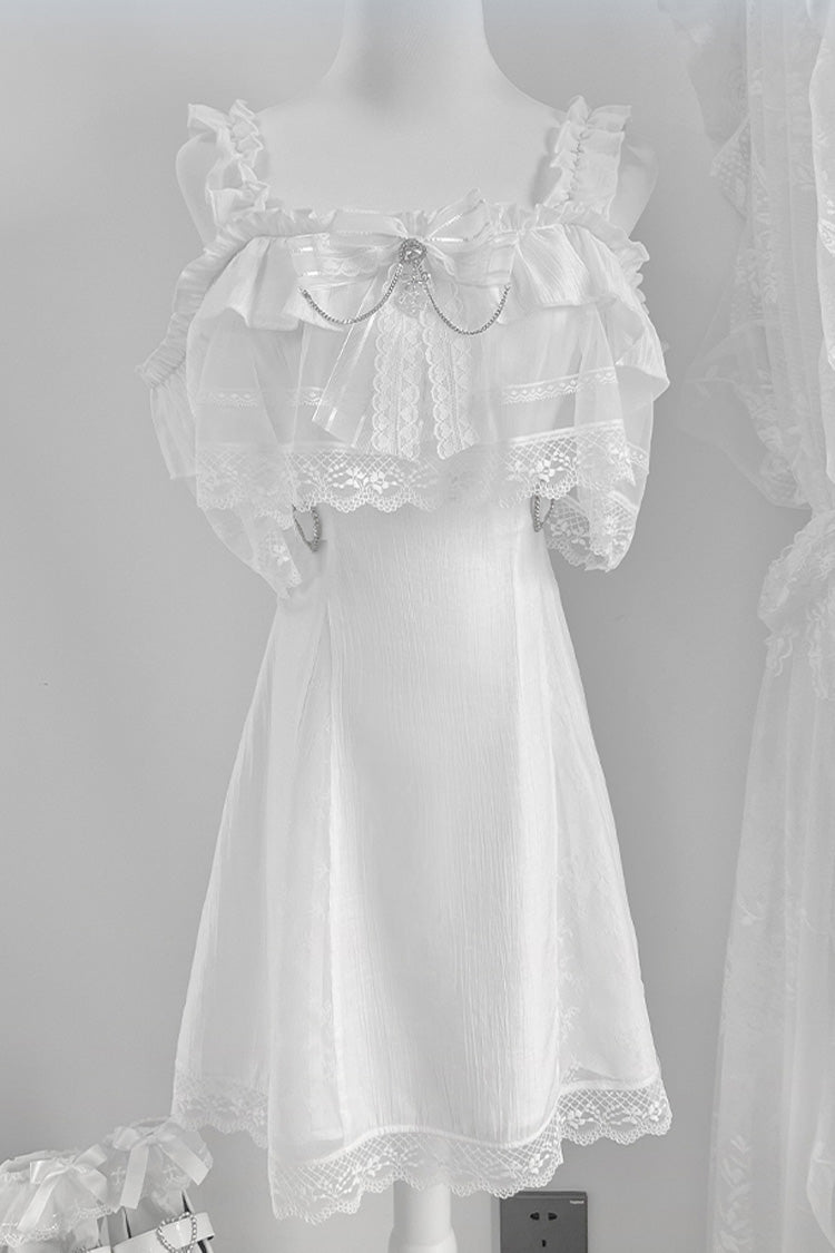 White [Pear Moon] Ruffle Bowknot Lace Jirai Kei Japanese Dress - White - 1