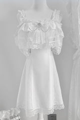 White [Pear Moon] Ruffle Bowknot Lace Jirai Kei Japanese Dress - White - 1