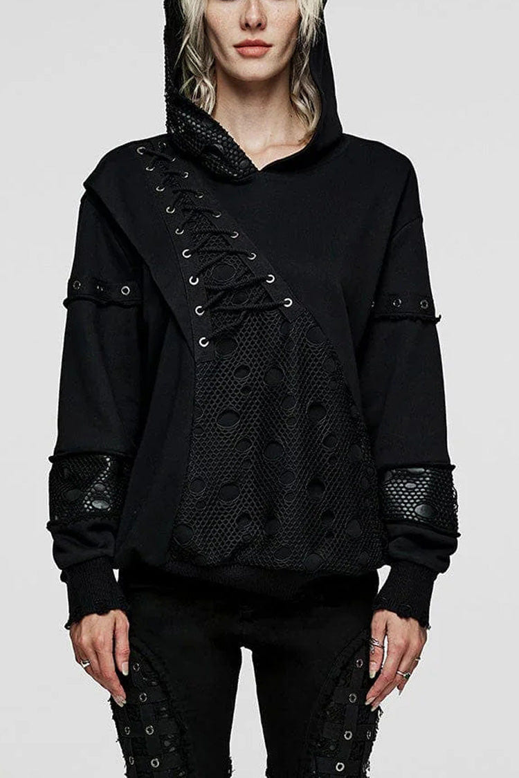 Black Long Sleeves Print Metal Eyelet Lace-Up Hooded Womens Steampunk Jacket - Black - 1