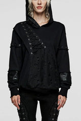 Black Long Sleeves Print Metal Eyelet Lace-Up Hooded Womens Steampunk Jacket - Black - 1