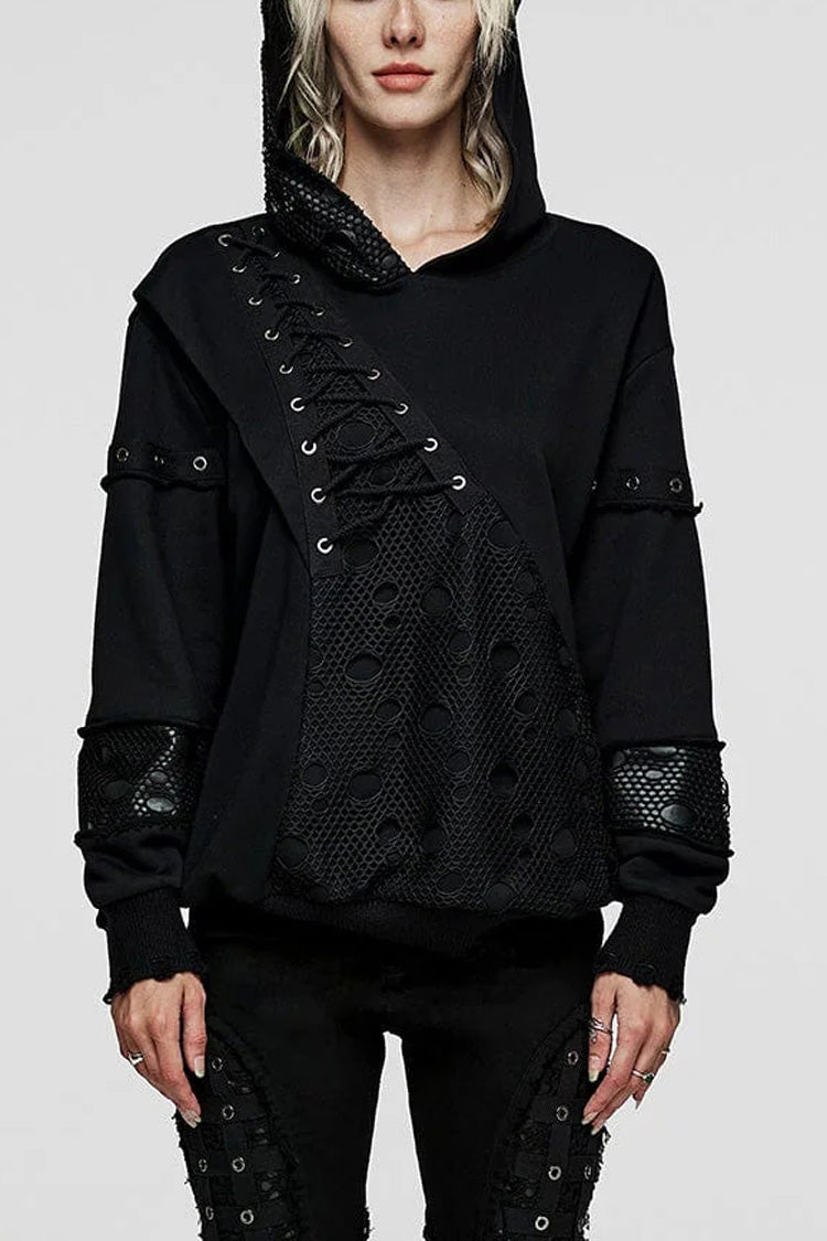 Black Long Sleeves Print Metal Eyelet Lace-Up Hooded Womens Steampunk Jacket - Black - 1