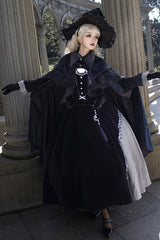 Black Witch Long Sleeves Ruffle Bowknot Stitching Lace Gothic Lolita Long Dress - Product - 12
