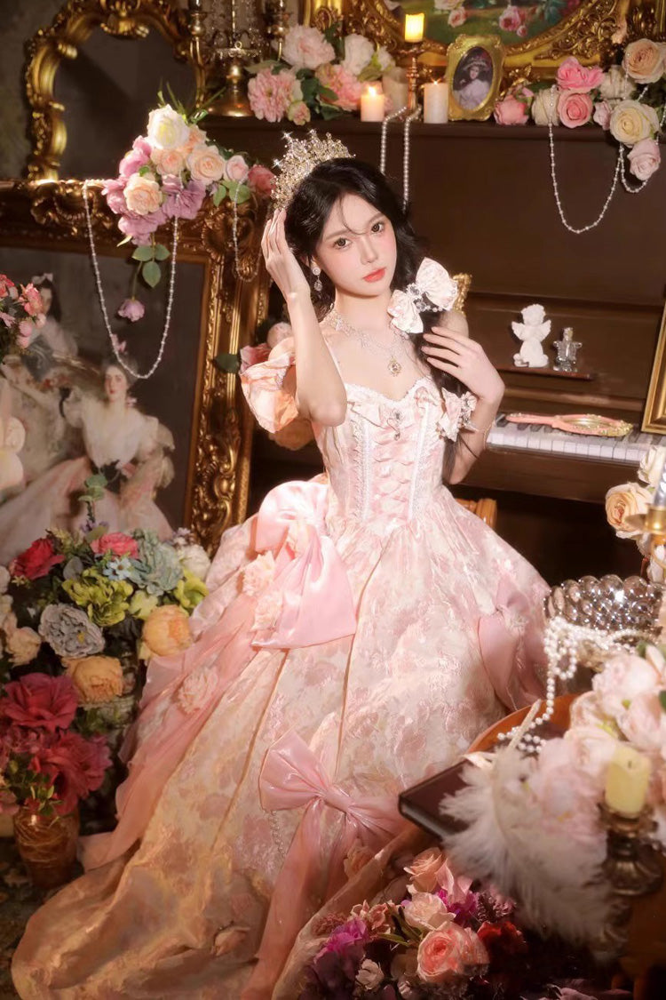 Off Shoulder Print Hanayome Embroidery Bowknot Sweet Princess Lolita Dress 2 Colors - Product - 6