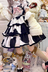 Black Sleeveless Triple-Layered Cow Print Ruffle Bowknot Sweet Lolita Jsk Dress - Product - 7