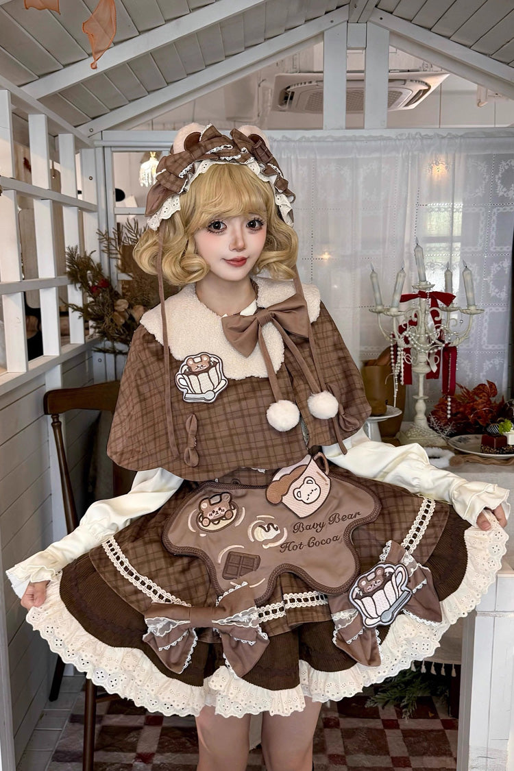 Brown [Hot Cocoa Little Bear] Sleeveless Print Ruffle Bowknot Lace Sweet Lolita Jsk Dress - Brown - 1