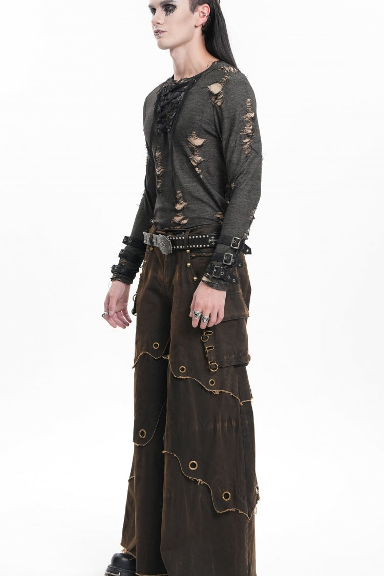 Coffee Eyelet Men's Gothic Pants Pocket Trousers - Product - 2
