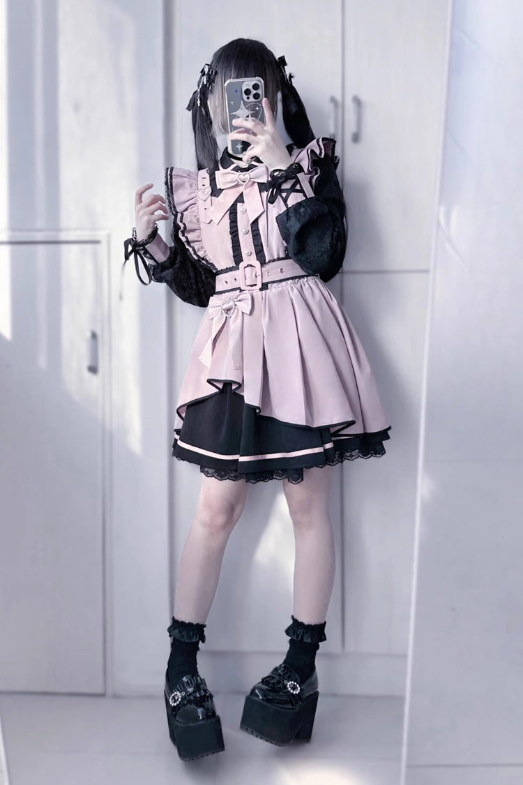 [Little Idol] Ruffle Bowknot Lace Irregular Asymmetric Jirai Kei Dress 6 Colors - Black/Pink - 10