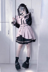 [Little Idol] Ruffle Bowknot Lace Irregular Asymmetric Jirai Kei Dress 6 Colors - Black/Pink - 10