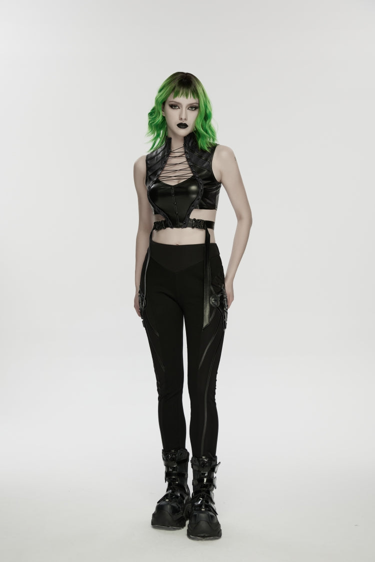 Black Slim Women's Armor-Accentuated Paneled Punk Leggings - Product - 3