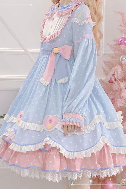 Blue Pop Sugar Bowknot Long Sleeves Love Pocket Decoration Multi-Layer Ruffled Sweet Lolita OP Tiered Dress - Product - 3