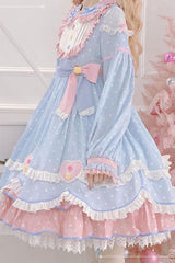 Blue Pop Sugar Bowknot Long Sleeves Love Pocket Decoration Multi-Layer Ruffled Sweet Lolita OP Tiered Dress - Product - 3