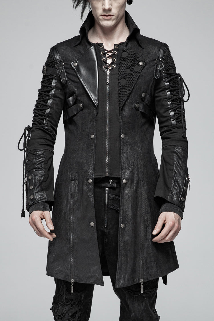 Black Metal Buckle Decoration Zipper Mens Steampunk Windbreaker Coat - Black - 1