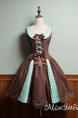 Brown [Teddy Chocolate Bar] Printed Embroidered Bow Lace-Up Classic Lolita Jsk Dress and Skirt - Brown/Mint(Long-JSK-Only) - 14