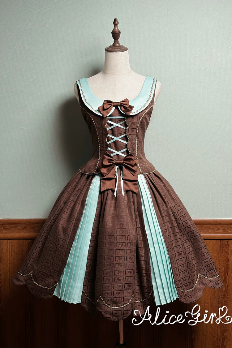 Brown [Teddy Chocolate Bar] Printed Embroidered Bow Lace-Up Classic Lolita Jsk Dress and Skirt - Brown/Mint(Long-JSK-Only) - 14