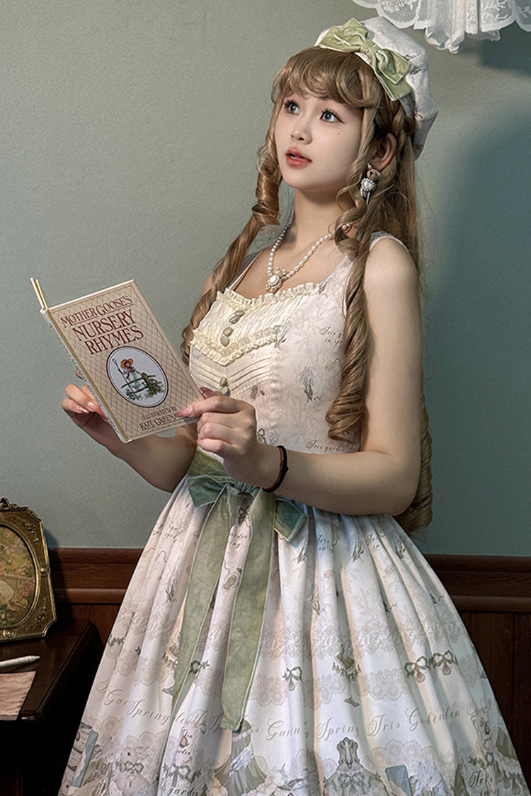 [Iris Study] V Collar Sleeveless Print Bowknot Lace Sweet Lolita Jumper Dress 2 Colors - Product - 4