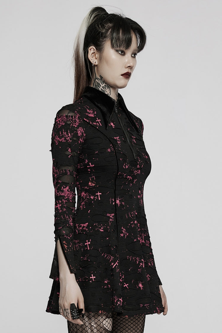 Black/Red Long Sleeves Print Slim Ripped Tie-dyed Women's Gothic Dress - Product - 2