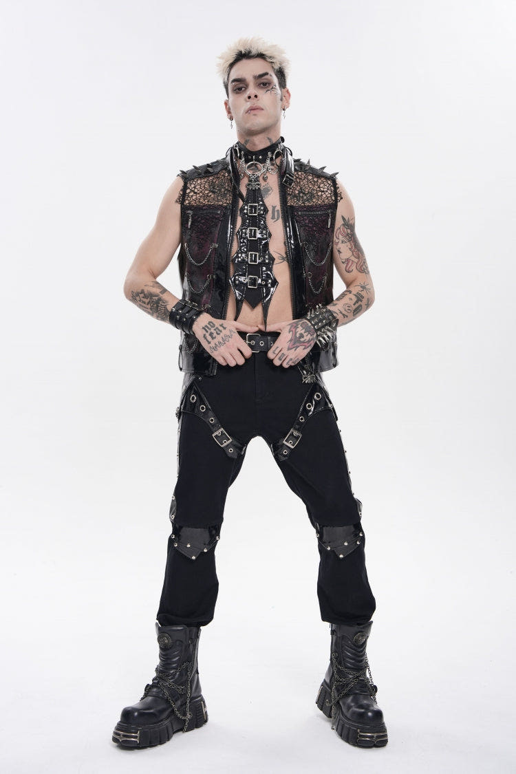 Black Stand Collar Sleeveless Spliced Mesh Studded Zippered Chain-Decorated Eyelet Men's Punk Vest - Black - 1
