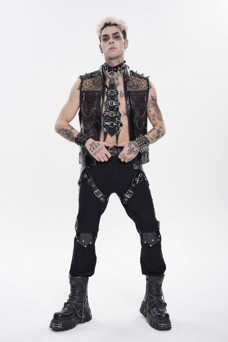 Black Stand Collar Sleeveless Spliced Mesh Studded Zippered Chain-Decorated Eyelet Men's Punk Vest - Black - 1
