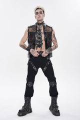 Black Stand Collar Sleeveless Spliced Mesh Studded Zippered Chain-Decorated Eyelet Men's Punk Vest - Black - 1