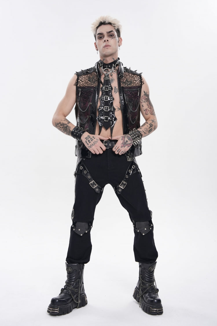 Black Stand Collar Sleeveless Spliced Mesh Studded Zippered Chain-Decorated Eyelet Men's Punk Vest - Black - 1