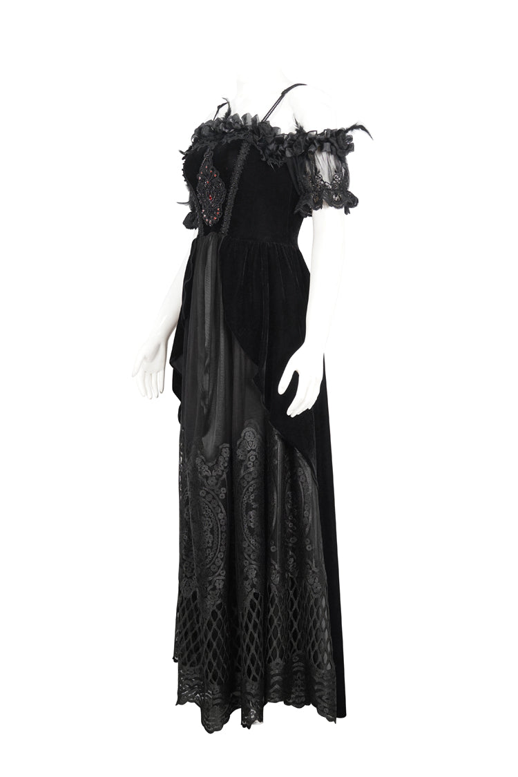 Black Off Shoulder High Waisted Print Lace Women's Gothic Dress - Product - 7