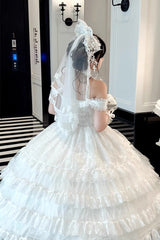 White [Maiden Lace] Off Shoulder Triple-Layered Ruffle Hanayome Bowknot Lace Sweet Lolita Jsk Dress - Product - 5