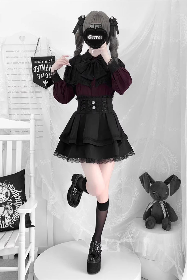 [Dark Moon Shadow] Long Sleeves Double-Layered Ruffled Embroidered Bow Lace-Up Gothic Jirai Kei Lolita Top + Skirt Set - Product - 6