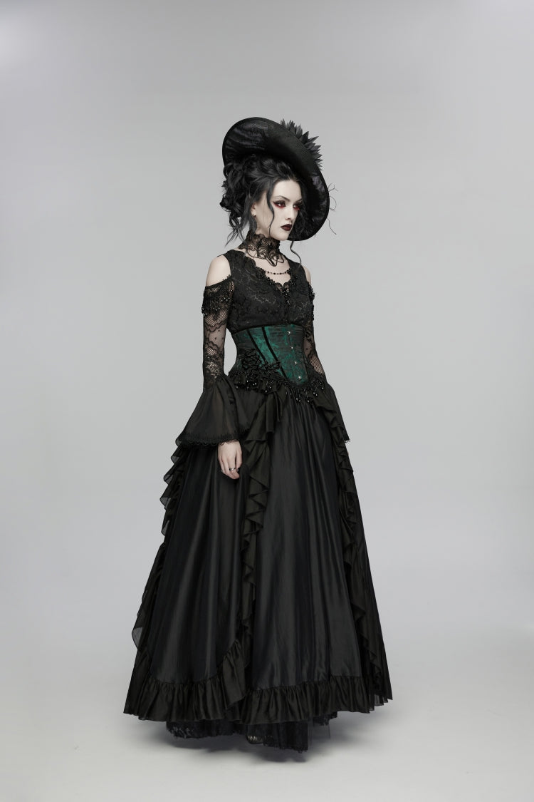 Black/Green Jacquard Lace-Up Slim Women's Gothic Tassels Corset - Product - 3