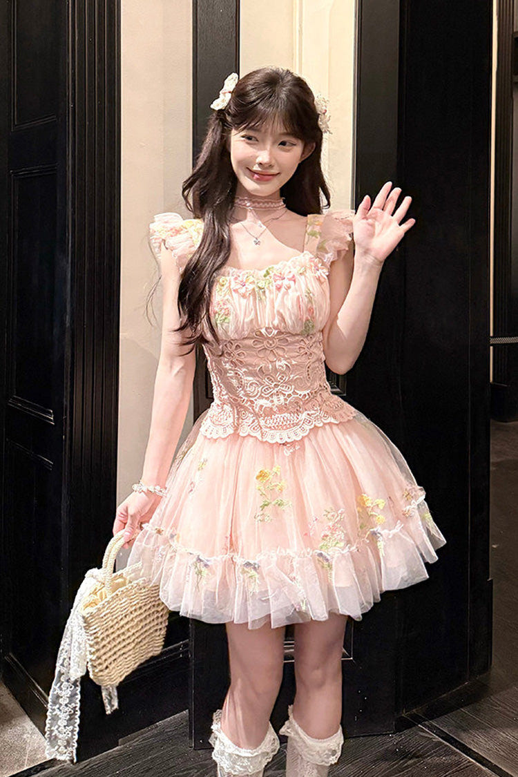 Pink [Raspberry Sweetheart] Square Collar Flutter Sleeves Ruffled Embroidered Bow Sweet Lolita Jsk Dress - Pink - 1