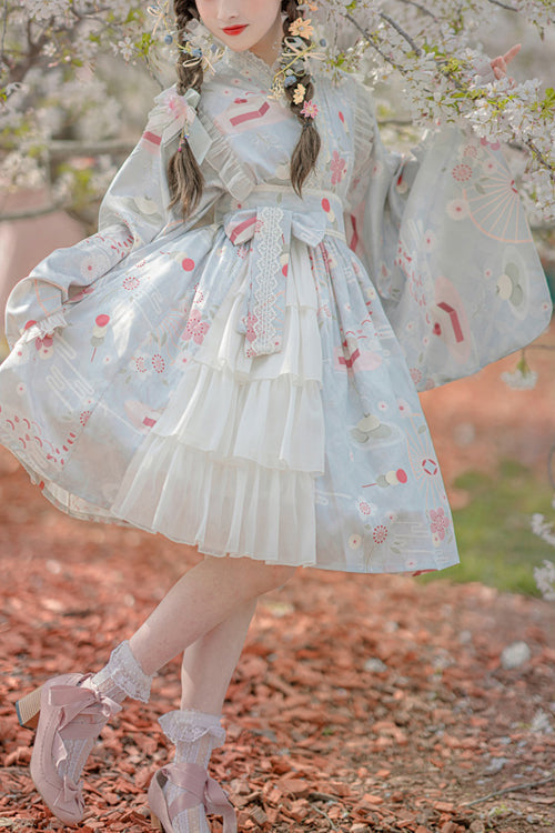 Japanese Trumpet Sleeves Lace Ruffled Cherry Blossom Print Sweet Lolita OP Dress - Green - 1