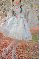 Japanese Trumpet Sleeves Lace Ruffled Cherry Blossom Print Sweet Lolita OP Dress - Green - 1