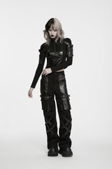 Black Stand Collar Long Sleeves Patchwork Slim Fit Zippered Women's Punk Cool Crop Top with Arm Zip Pocket - Product - 6
