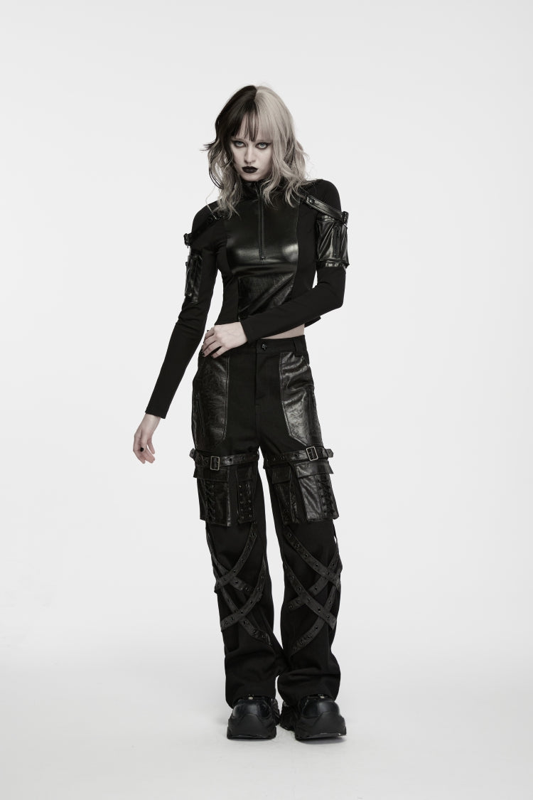 Black Stand Collar Long Sleeves Patchwork Slim Fit Zippered Women's Punk Cool Crop Top with Arm Zip Pocket - Product - 6