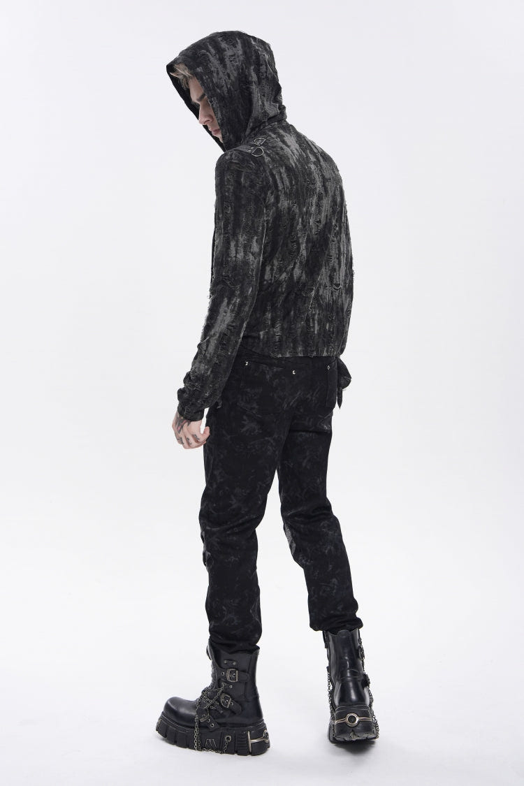 ブラック長袖スプライシングフード付きメッシュダメージ加工重ね着風ジッパーアイレットメンズパンクTシャツ 商品画像