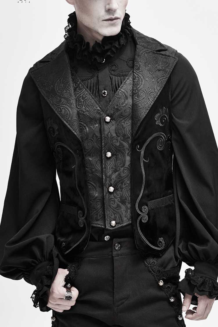 Black Fake Two Piece Leather Embroidered Swallow Tail Hem Men's Gothic Waistcoat - Black - 1