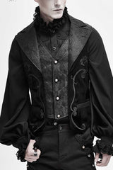 Black Fake Two Piece Leather Embroidered Swallow Tail Hem Men's Gothic Waistcoat - Black - 1