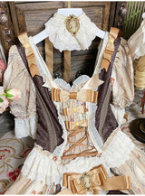 Brown [Baker Street Tea Party] Short Sleeves High Waisted Print Ruffle Embroidery Cardigan Bowknot Lace-Up Classic Vintage Princess Lolita Dress - Product - 10