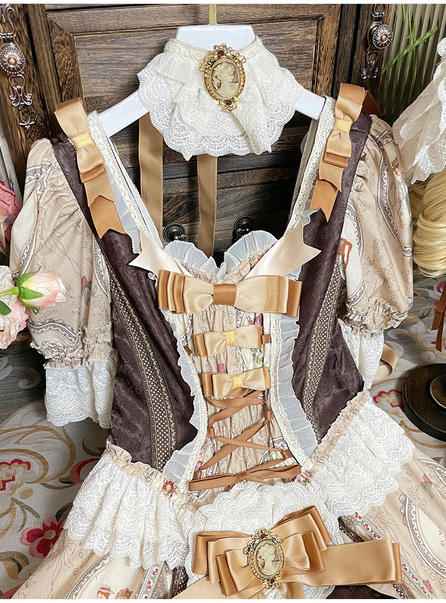 Brown [Baker Street Tea Party] Short Sleeves High Waisted Print Ruffle Embroidery Cardigan Bowknot Lace-Up Classic Vintage Princess Lolita Dress - Product - 10