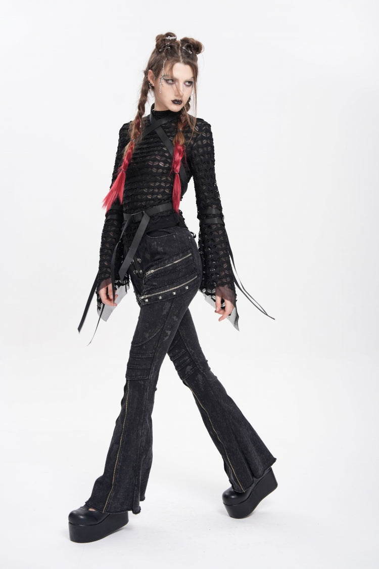 Black Zipper Pleated Women's Punk Flared Pants - Product - 10