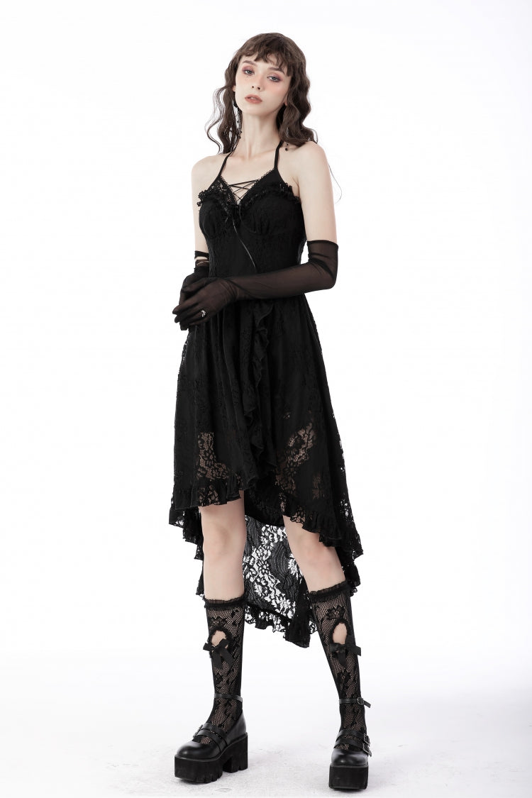 Black Off Shoulder Halterneck Ruffled Lace-Up Swallow Tail Floral Lace Women's Gothic Dress - Product - 12