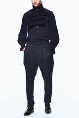 Black Oversize Jacquard Pattern Ribbons Snap Fastener Men's Gothic Pants - Product - 4