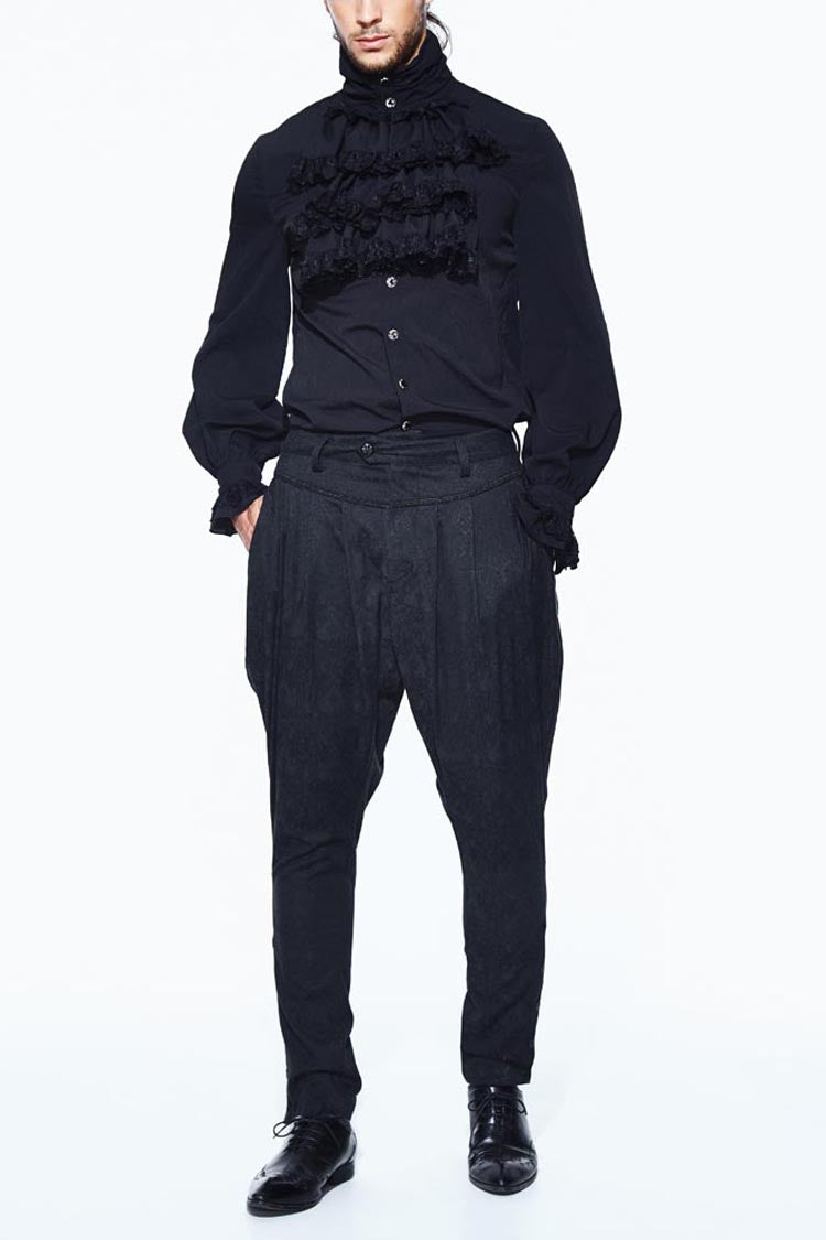 Black Oversize Jacquard Pattern Ribbons Snap Fastener Men's Gothic Pants - Product - 4