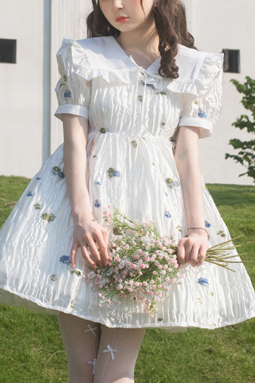 White French Lapel Collar Bubble Short Sleeves Floral Print High Waisted Sweet Lolita Dress - White - 1
