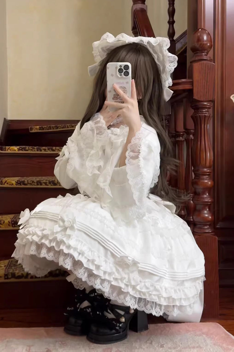 White [Layered Buttercream Frosting] Short Sleeves Ruffle Bowknot Lace Sweet Lolita Dress - Product - 13