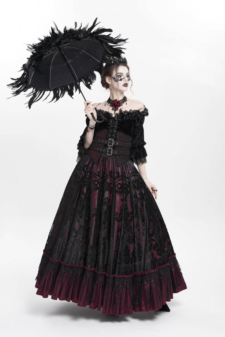 Red Jacquard Embroidery Buckle Tassels Women's Gothic Long Skirt - Product - 9