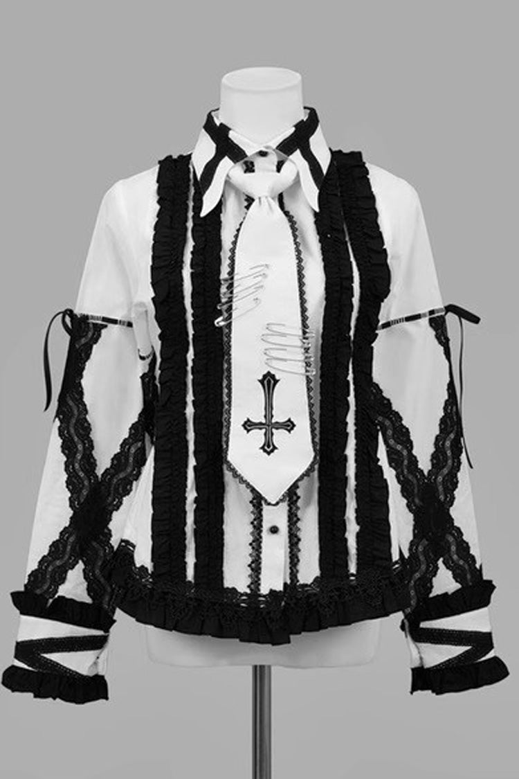 White/Black Lapel Collar Long Sleeves Embroidery Gothic Jirai Kei Blouse - Product - 3